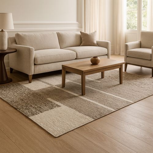 Modern geometric wool carpet in cream and brown tones, flat weave style, perfect for contemporary home decor