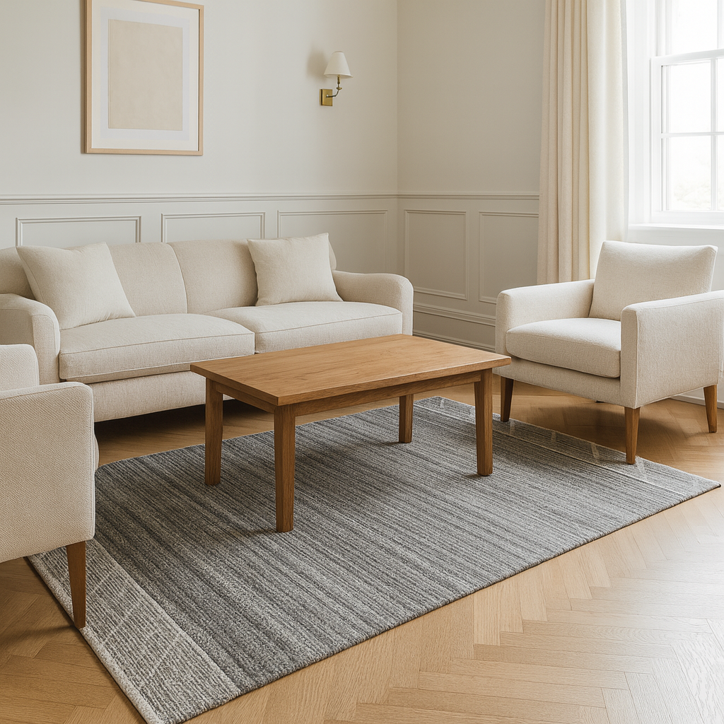 Gray and ivory modern stripe carpet on a marble floor, 5'5x8 ft, flat weave.