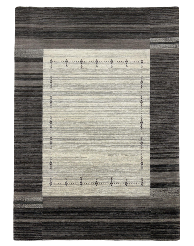 A transitional striped carpet in shades of gray and charcoal, crafted from wool and viscose, perfect for modern and classic spaces.