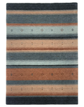 Luxurious modern striped carpet in shades of blue and terracotta, loom-knotted in wool.