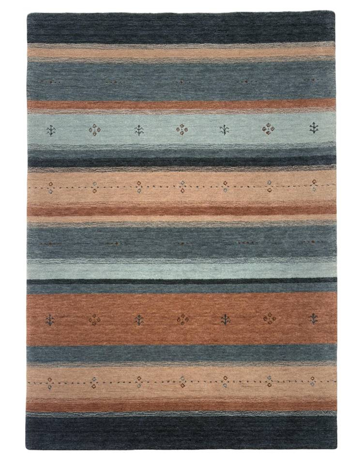 Luxurious modern striped carpet in shades of blue and terracotta, loom-knotted in wool.