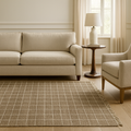 Modern beige carpet with a checker pattern, flat weave style, made from wool and cotton blend.