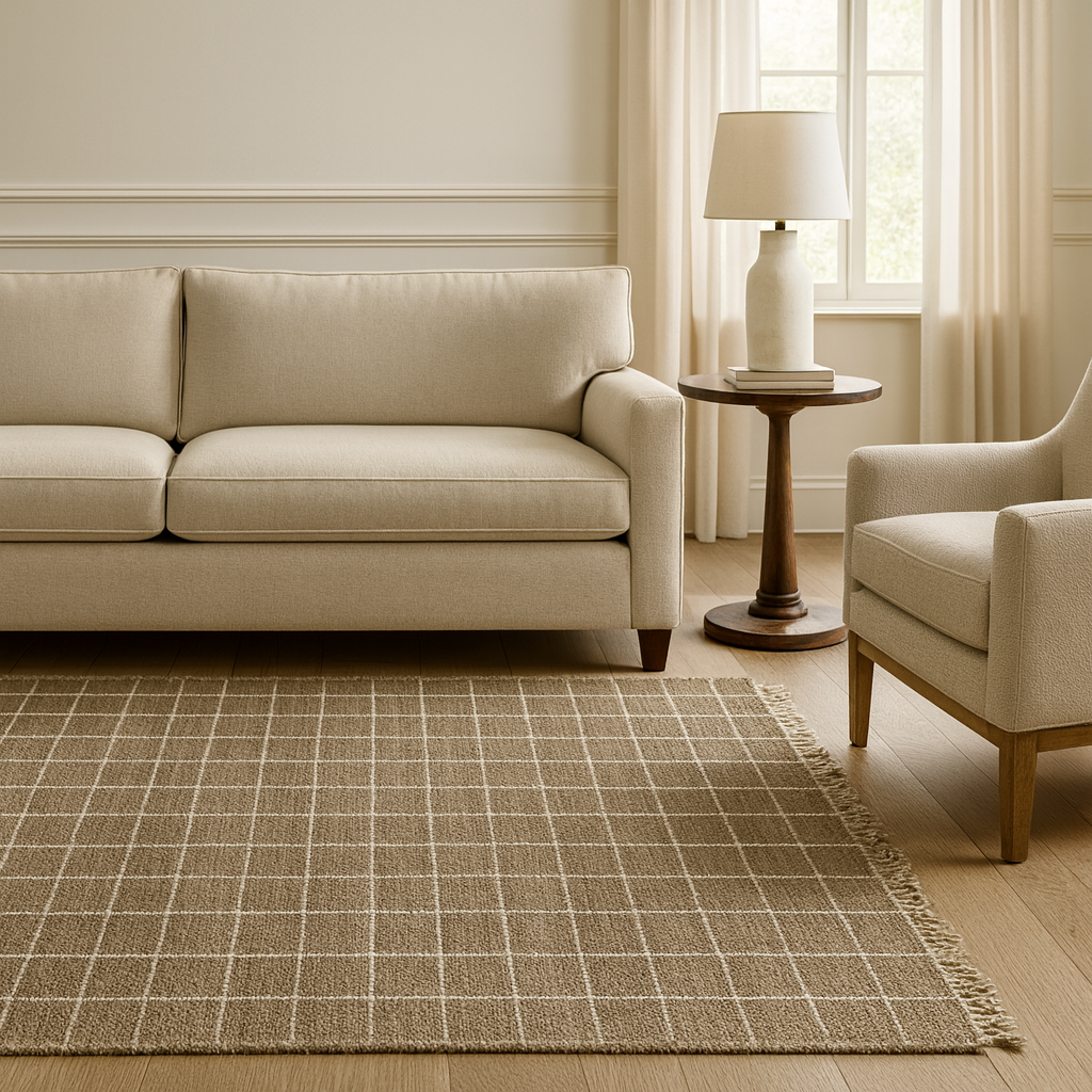 Modern beige carpet with a checker pattern, flat weave style, made from wool and cotton blend.