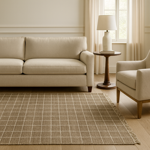 Modern beige carpet with a checker pattern, flat weave style, made from wool and cotton blend.