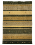 Transitional style carpet with stripe pattern in yellow, brown, and green, loom knotted.