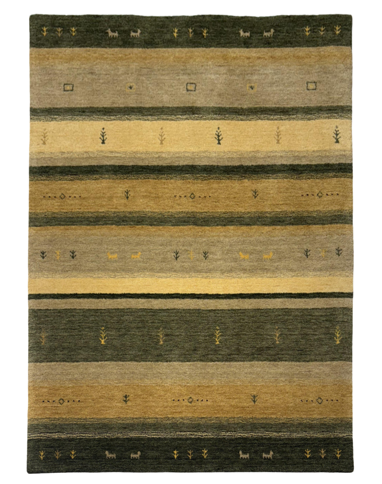 Transitional style carpet with stripe pattern in yellow, brown, and green, loom knotted.