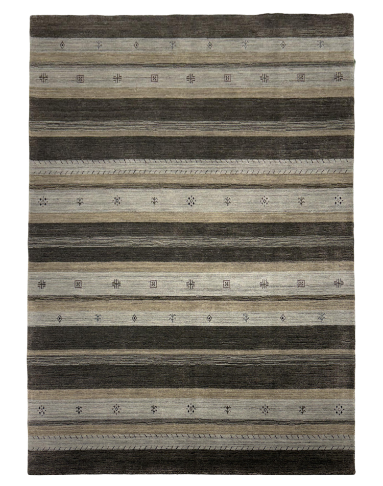 Transitional stripe carpet in chocolate brown, featuring wool and viscose blend for elegance and durability.