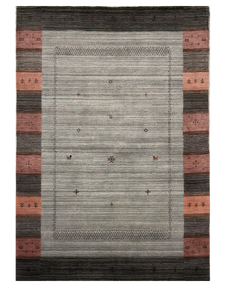 Transitional carpet in gray with rust and charcoal border, loom knotted, 5'5x8 ft.