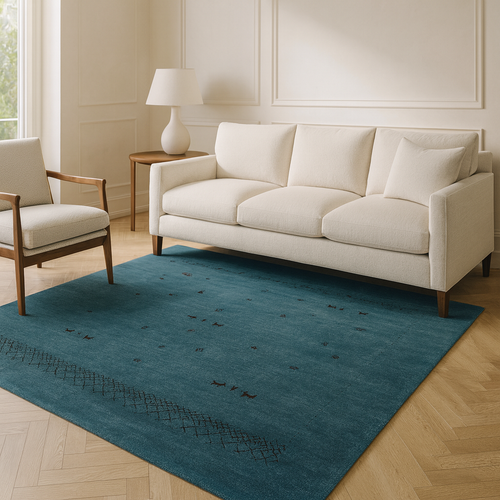 Modern geometric carpet in a rich turquoise color with a subtle black pattern, perfect for a chic and contemporary space.