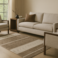 Modern stripe carpet in beige and camel tones, loom knotted with wool and viscose.