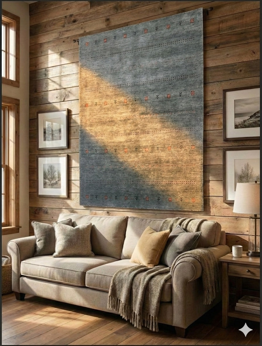 Modern Loom-Knotted Wool & Viscose Rug - Slate Grey with Rust Accents